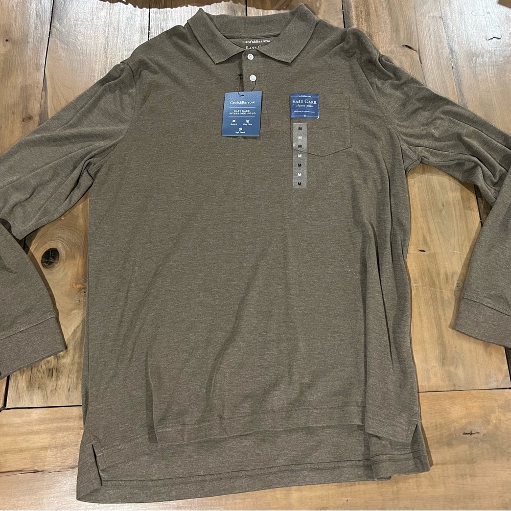 Croft and Barrow NWT Men’s Long Sleeve Pocketed Polo, Size Medium, Brown